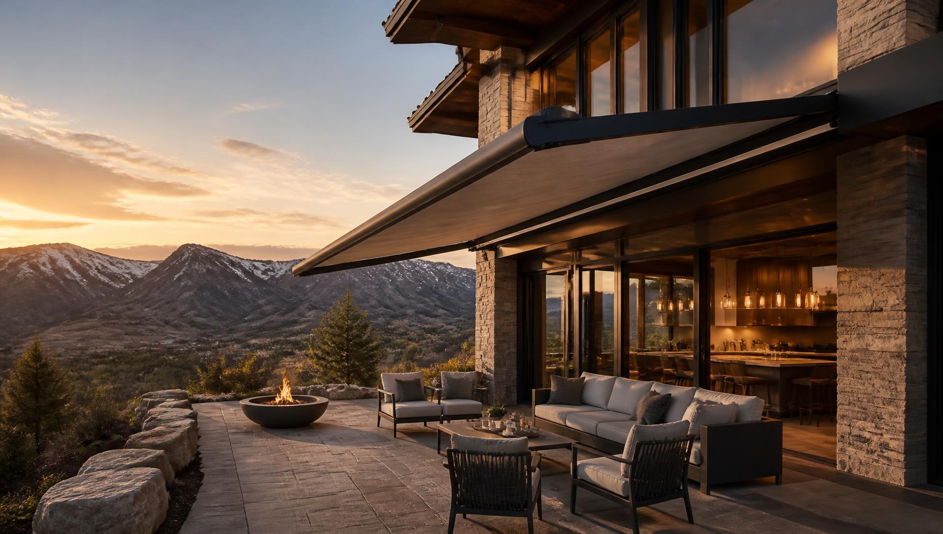 Retractable awning extended over a luxury Park City patio at sunset